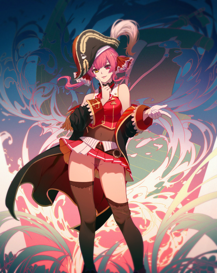 1girl absurdres bangs feathers full_body gloves hat highres hololive houshou_marine isumi_(yangyan) long_hair looking_at_viewer open_mouth pirate pirate_hat red_hair red_skirt shirt skirt sleeveless sleeveless_shirt solo virtual_youtuber