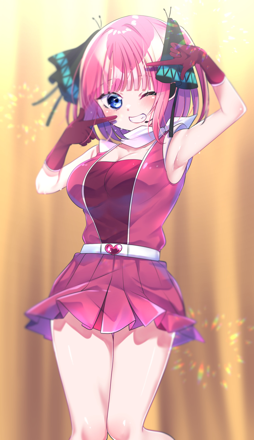 1girl absurdres armpits bangs belt black_ribbon blue_eyes blush breasts cleavage dress finger_frame go-toubun_no_hanayome hair_ribbon headset highres medium_breasts nakano_nino one_eye_closed pink_dress pink_hair ribbon rinne_(mizunosato) short_hair smile solo v white_belt white_ribbon