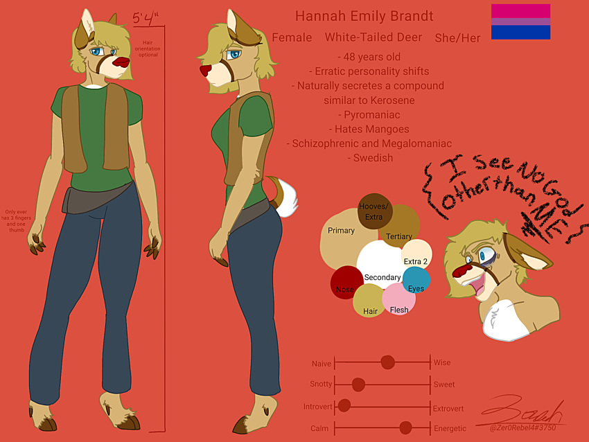 2022 4_fingers anthro bisexual_pride_colors blonde_hair blue_eyes bottomwear brown_body brown_fur brown_markings capreoline cervid clothed clothing countershading denim denim_clothing dialogue digital_media_(artwork) female fingers flat_colors fur hair hannah_(zer0rebel4) hi_res holster hooved_fingers hooves insane jeans lgbt_pride looking_at_viewer mammal markings mature_female model_sheet pants pride_colors raised_tail shirt solo t-shirt tan_body tan_fur tan_markings text topwear unguligrade unguligrade_anthro vest white-tailed_deer white_body white_fur white_markings zer0rebel4