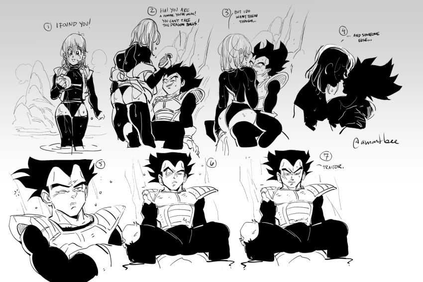1boy 1girl amartbee ass bulge bulma commentary dragon_ball dragon_ball_z dragon_radar dreaming emphasis_lines english_commentary english_text erection erection_under_clothes hetero monochrome revealing_clothes saiyan_armor sitting sitting_on_lap sitting_on_person sleeveless sleeveless_jacket spiked_hair thighhighs twitter_username vegeta waking_up wet