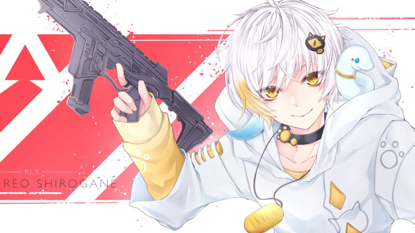 1boy apex_legends assault_rifle black_collar blonde_hair character_name collar collarbone gun hair_ornament highres holding holding_gun holding_weapon hood hoodie indie_virtual_youtuber jewelry male_focus multicolored_hair necklace r-301_carbine ranguage reian rifle shirogane_leo shirt short_hair smile snake solo streaked_hair virtual_youtuber weapon white_background white_hair white_hoodie yellow_eyes yellow_shirt