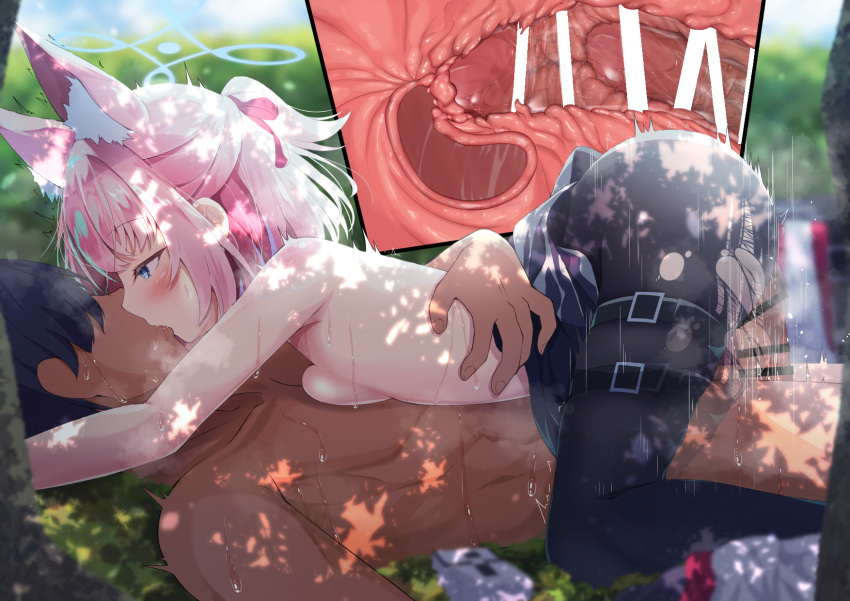 1boy 1girl animal_ears bar_censor blue_archive blue_eyes blurry blurry_background blush breasts censored cross-section fox_ears grass halo highres madotsukumo nico_(blue_archive) pink_hair sensei_(blue_archive) sex small_breasts sweat