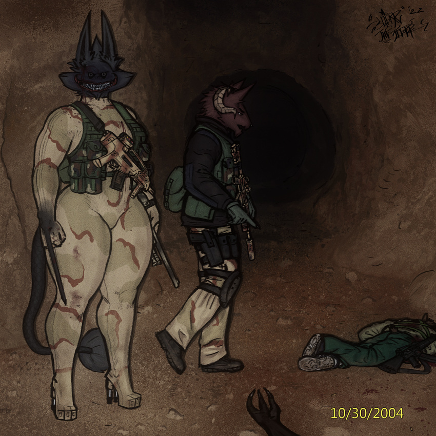 2022 anthro black_body black_fur blood bodily_fluids bodysuit bottomwear brown_body brown_fur camo canid canine canis cave clothed clothing dubmare duo ehru_(sligarthetiger) female fingers footwear fur gloves gun handwear hi_res high_heels horn looking_at_viewer male mammal pants ranged_weapon shoes signature skinsuit sligarthetiger standing thick_thighs tight_clothing weapon wide_hips wolf