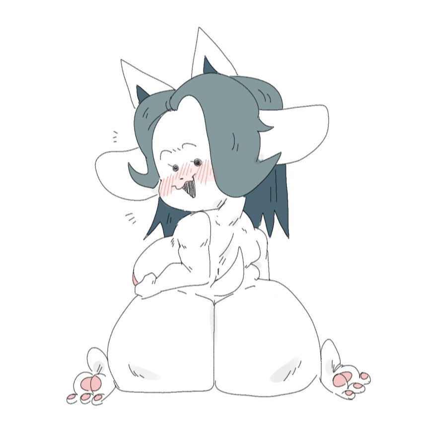2022 anthro big_butt blush breasts butt female fur grey_hair hair hi_res kneeling looking_at_viewer looking_back looking_back_at_viewer mammal mhdrawin nude nude_anthro nude_female open_mouth open_smile rear_view smile solo tem temmie_(undertale) undertale undertale_(series) video_games white_body white_fur