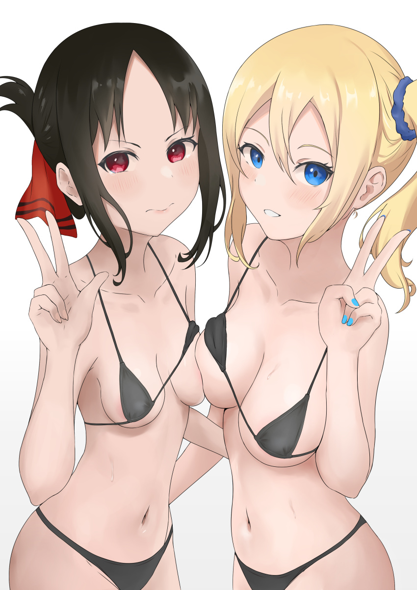 2girls absurdres asymmetrical_docking bikini black_bikini black_hair blonde_hair blue_eyes blush breast_press breasts closed_mouth coro_fae embarrassed hair_ornament hayasaka_ai highres kaguya-sama_wa_kokurasetai_~tensai-tachi_no_renai_zunousen~ large_breasts long_hair looking_at_viewer multiple_girls open_mouth peace_symbol red_eyes shinomiya_kaguya short_hair simple_background small_breasts smile swimsuit tears white_background