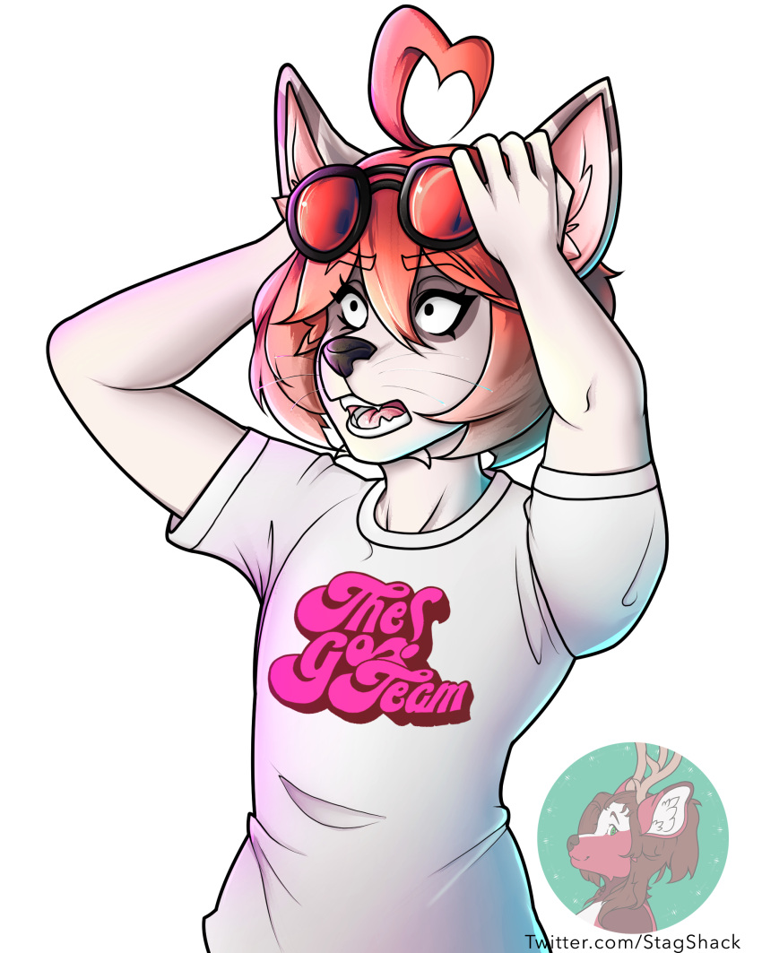 absurd_res anthro clothed clothing domestic_cat eyewear fangs felid feline felis girly hair hand_on_head hi_res male mammal red_hair solo stagshack sunglasses surprise waist_up