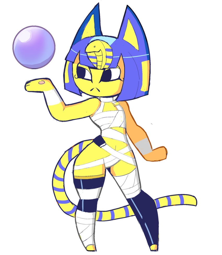 2022 animal_crossing ankha_(animal_crossing) anthro bandage biped blue_body blue_clothing blue_eyes blue_fur blue_hair blue_legwear blue_thigh_highs bob_cut capcom chest_wraps clothing cosplay crystal_ball digital_media_(artwork) domestic_cat egyptian_eyeliner egyptian_headdress eks-out featureless_feet felid feline felis female flat_chested fur hair hi_res legwear long_tail mammal markings menat_(street_fighter) navel nintendo pose simple_background solo street_fighter striped_markings striped_tail stripes tail_markings thick_thighs thigh_highs video_games white_background wide_hips wraps yellow_body yellow_fur