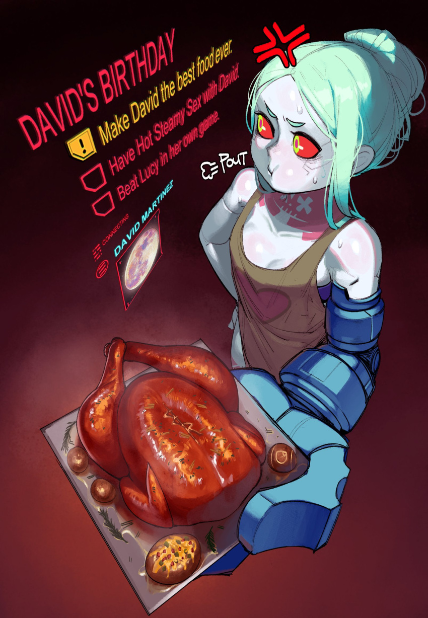 1girl anger_vein apron artificial_eye breasts checklist chicken_(food) colored_sclera colored_skin commentary cyberpunk_(series) cyberpunk_edgerunners cyborg english_commentary english_text food full_moon green_hair hair_bun hand_on_hip highres holding holding_plate krekkball krekkov leg_tattoo mechanical_arms mechanical_eye mechanical_hands moon nearly_naked_apron neck_tattoo oversized_forearms oversized_limbs petite pink_tattoo plate potato pout rebecca_(cyberpunk) red_eyes red_pupils red_sclera single_mechanical_arm small_breasts solo sweat tattoo white_skin