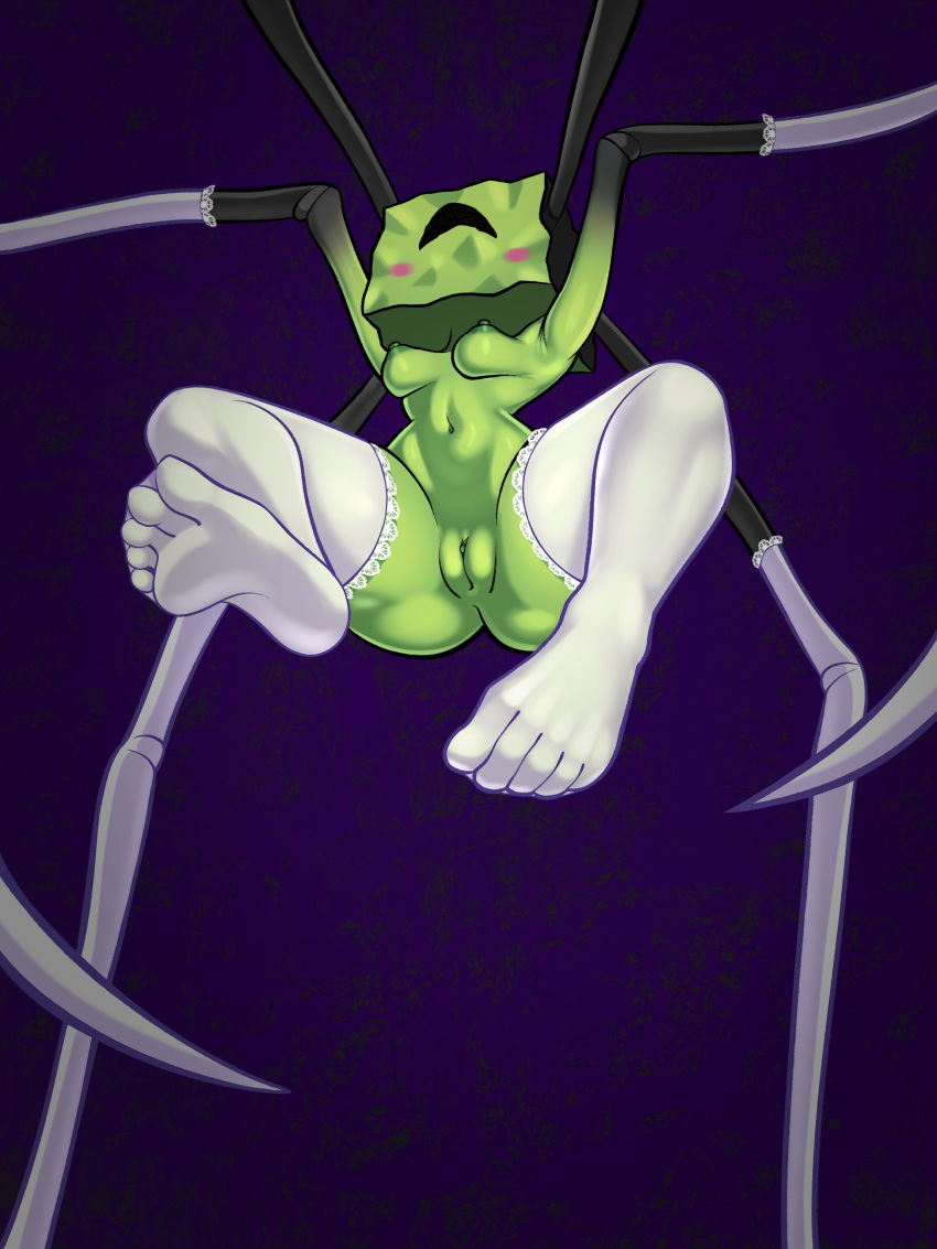 absurd_res arachnid arthropod breasts clothing female genitals grin hi_res humanoid legwear mimi_(mario) mostly_nude not_furry pussy simple_background sleepiitreat smile solo spider thigh_highs