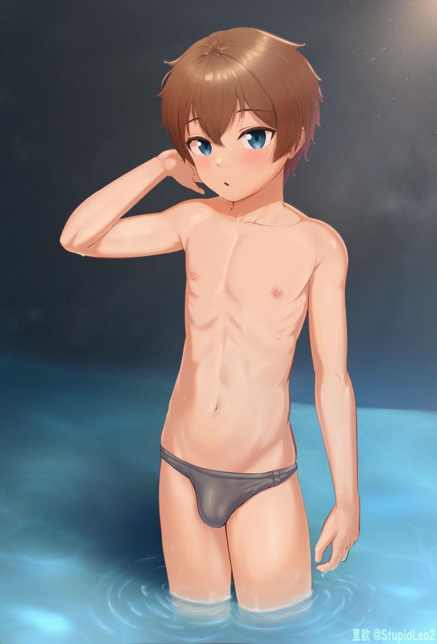 1boy absurdres artist_name blue_eyes brown_hair bulge chinese_commentary commentary_request cowboy_shot grey_male_swimwear highres li'ou making-of_available male_child male_focus male_swimwear nipples original short_hair solo standing swim_briefs twitter_username wading water