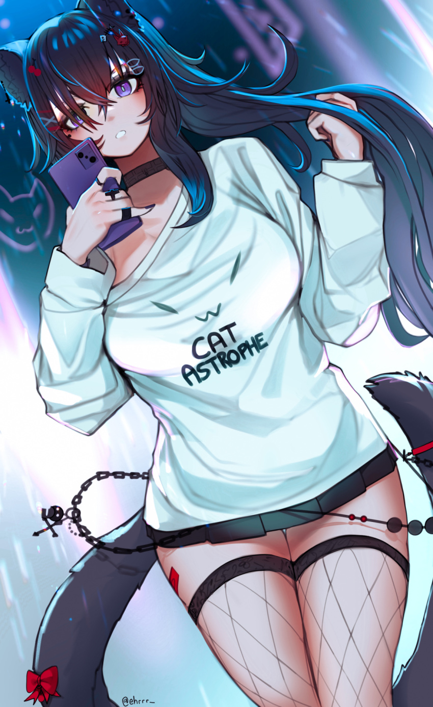 1girl animal_ear_fluff animal_ears bangs black_choker black_hair black_skirt cat_ears cat_girl cat_tail cellphone chain choker clothes_writing commentary ehrrr elbow_cutout english_commentary fishnet_thighhighs fishnets hair_between_eyes hair_ornament hairclip highres holding holding_phone jewelry long_hair long_sleeves looking_at_viewer miniskirt original parted_lips phone pleated_skirt pun purple_eyes ring shirt skirt smartphone solo tail tail_ornament thighhighs twitter_username white_shirt