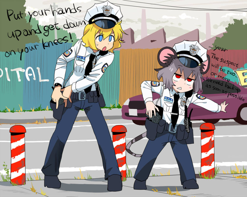 2girls alice_margatroid animal_ears arrest bangs belt belt_pouch black_belt black_footwear black_necktie blonde_hair blue_eyes blue_pants blush car cloud cloudy_sky collared_shirt commentary_request cookie_(touhou) day english_text fence fighting_stance full_body grass grey_hair ground_vehicle gun handgun hat holster holstered_weapon kofji_(cookie) long_sleeves motor_vehicle mouse_ears mouse_girl mouse_tail multiple_girls name_tag nazrin necktie open_mouth outdoors overcast pants peaked_cap police police_badge police_hat police_uniform policewoman pouch ready_to_draw red_eyes renpika shirt shoes short_hair sidewalk sky standing tail touhou triangle_mouth uniform walkie-talkie weapon web_(cookie) white_headwear white_shirt