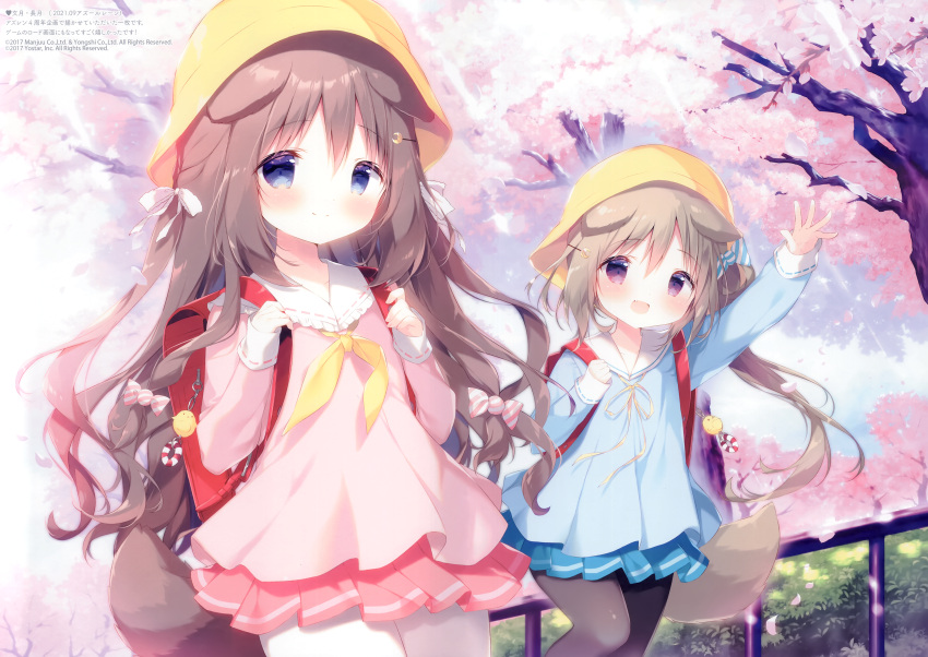 2girls :d absurdres animal_ears arm_up azur_lane backpack bag bag_charm bangs black_pantyhose blue_eyes blue_shirt blue_skirt blush bow brown_hair charm_(object) closed_mouth crescent crescent_hair_ornament day dog_ears dog_girl dog_tail feet_out_of_frame frilled_sailor_collar frills fumizuki_(azur_lane) hair_between_eyes hair_bow hair_ornament hairclip hat highres kindergarten_uniform long_hair looking_at_viewer multiple_girls nagatsuki_(azur_lane) neck_ribbon neckerchief official_art open_mouth outdoors pantyhose pink_shirt pink_skirt pleated_skirt purple_eyes railing randoseru ribbon sailor_collar school_hat shiratama_(shiratamaco) shirt skirt smile tail tree very_long_hair white_bow white_pantyhose white_sailor_collar yellow_headwear yellow_neckerchief yellow_ribbon