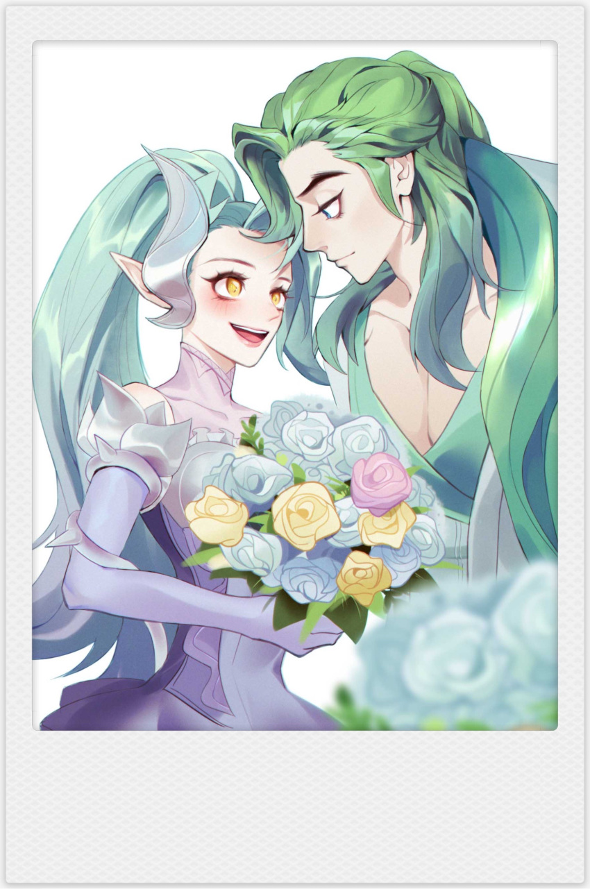 1boy 1girl :d absurdres bangs blurry blurry_foreground blush bouquet collarbone covered_collarbone cowboy_shot crystal_rose_swain crystal_rose_zyra dress elbow_gloves flower gloves green_hair happy highres holding holding_bouquet league_of_legends long_hair looking_at_another official_alternate_costume open_mouth pectorals pink_flower pink_gloves pointy_ears ponytail shiny shiny_hair simple_background smile swain_(league_of_legends) teeth tianshi_bianjie upper_teeth white_background white_flower yellow_eyes yellow_flower zyra