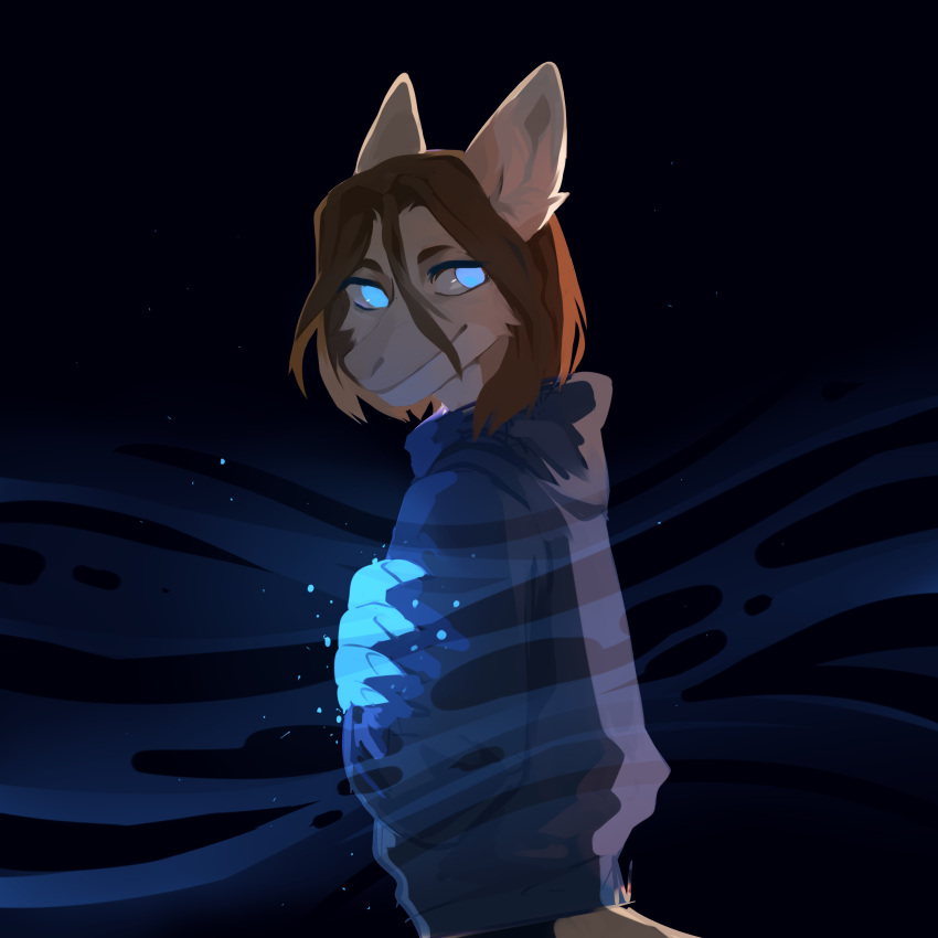 1:1 absurd_res anthro blue_clothing blue_eyes blue_hoodie blue_topwear brown_hair cheek_tuft closed_smile clothed clothing corzh77 dragon facial_tuft female fur furred_dragon glistening glistening_eyes glowing hair half-length_portrait hi_res hoodie looking_aside mouth_closed no_pupils portrait simple_background solo standing tan_body tan_fur topwear tuft unsigned