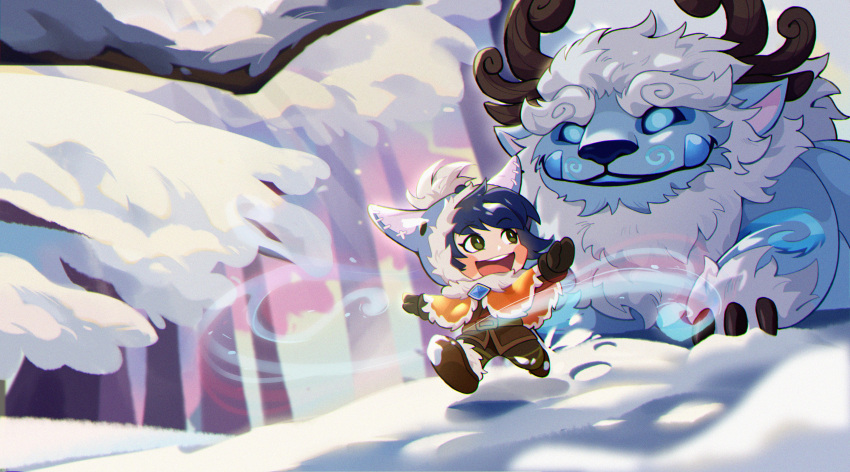 1boy :d absurdres bangs belt black_hair blush_stickers brown_belt brown_gloves brown_pants child fur fur_collar fur_trim gem gloves green_eyes highres hood hood_up horns league_of_legends male_child nunu_(league_of_legends) open_mouth outdoors pants pointy_ears smile snow snowing teeth tianshi_bianjie tree tusks upper_teeth willump