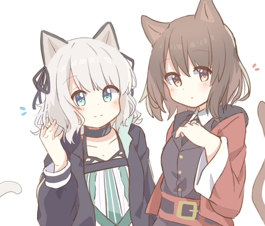 2girls animal_ears arknights bangs black_choker black_necktie black_ribbon black_vest blue_eyes blush brown_eyes brown_hair cat_ears cat_girl cat_tail character_request choker closed_mouth collarbone collared_shirt dress grey_hair hand_up highres jacket long_sleeves looking_at_viewer mint_(arknights) multiple_girls necktie red_jacket ribbon ryoku_sui shirt simple_background smile tail tail_raised vest white_background white_dress white_shirt wide_sleeves