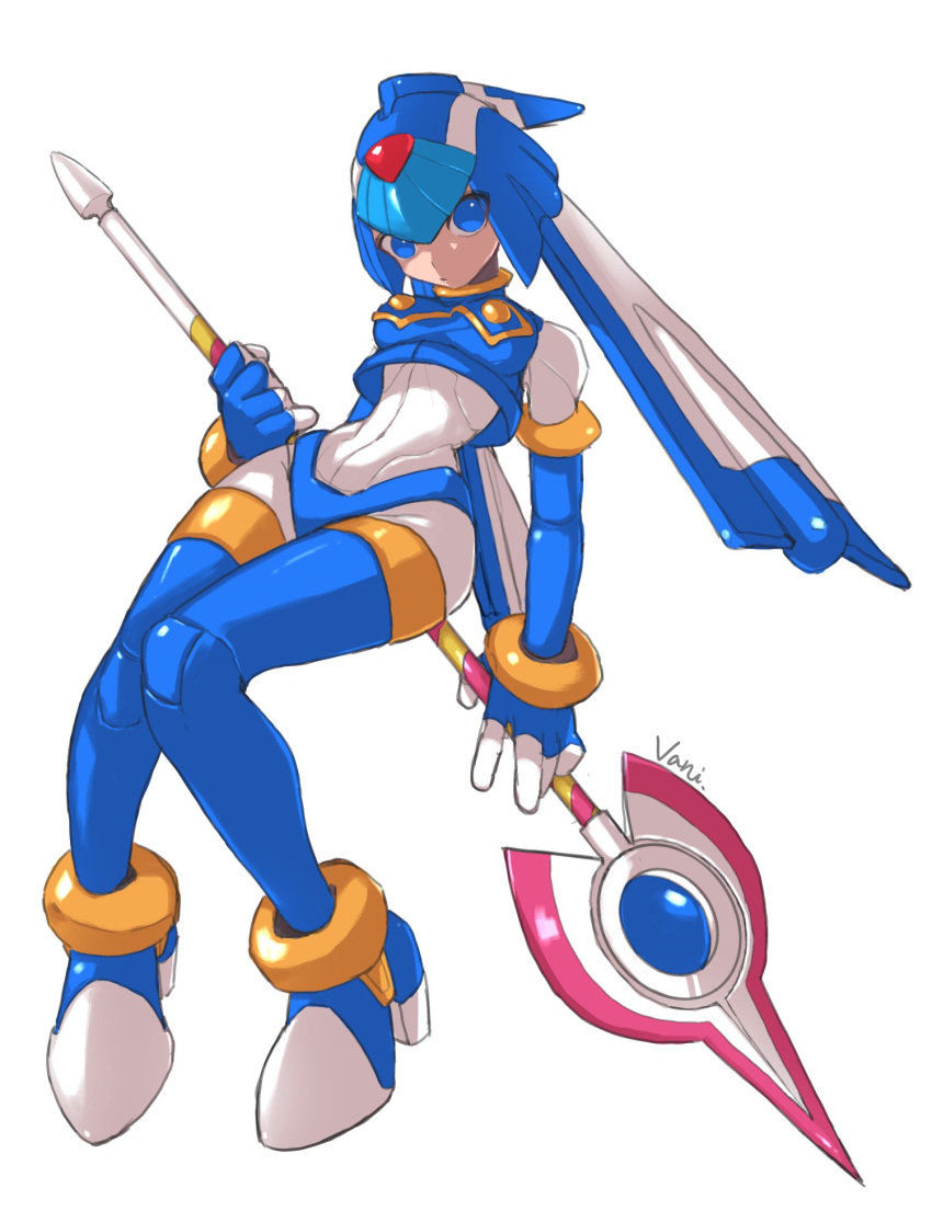 1girl android blue_eyes bodysuit breasts closed_mouth full_body gloves helmet highres holding holding_weapon leviathan_(mega_man) looking_at_viewer mega_man_(series) mega_man_zero polearm simple_background solo thighhighs weapon white_background