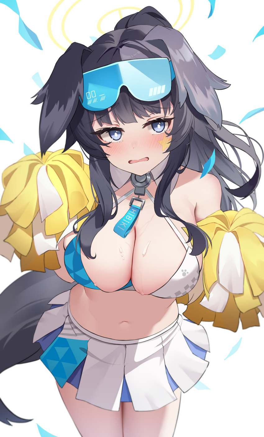 1girl absurdres animal_ears bangs bare_shoulders black_hair blue_archive blue_eyes blush breasts cheerleader cleavage collarbone confetti cowboy_shot dog_ears dog_girl dog_tail eyewear_on_head goggles goggles_on_head halo hibiki_(blue_archive) hibiki_(cheerleader)_(blue_archive) highres holding holding_pom_poms jbell large_breasts long_hair looking_at_viewer midriff miniskirt navel official_alternate_costume open_mouth pleated_skirt pom_pom_(cheerleading) revision skirt solo sunglasses tail very_long_hair white_skirt