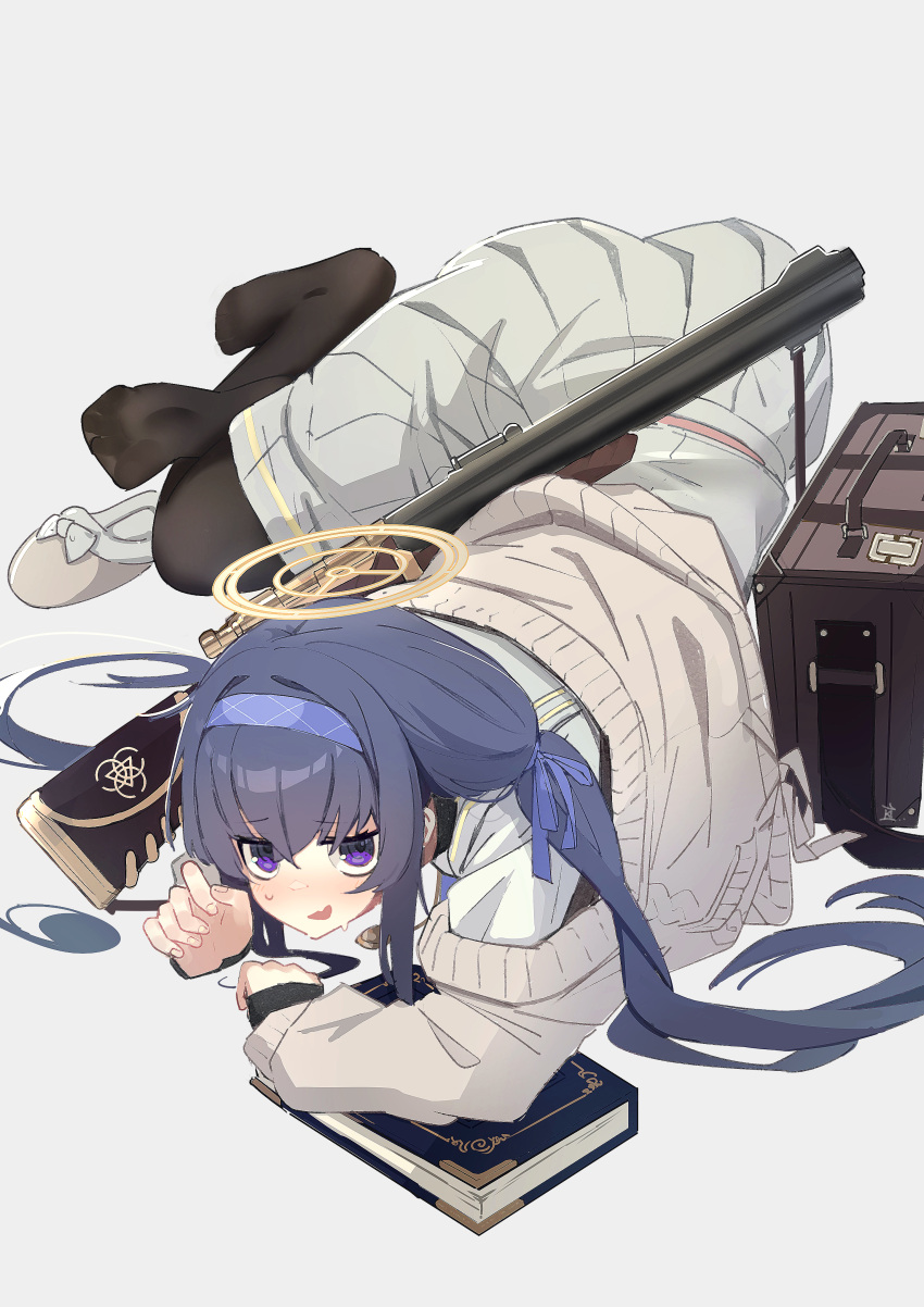 1girl absurdres bags_under_eyes bangs black_pantyhose blue_archive blue_hair blue_hairband blue_ribbon bolt_action book cardigan collared_shirt de_lisle_carbine fang grey_background gun hair_between_eyes hair_ribbon hairband halo highres jitome kilabo long_hair looking_at_viewer low_twintails luggage lying on_stomach open_mouth pantyhose pleated_skirt purple_eyes ribbon rifle shirt simple_background skin_fang skirt slippers slippers_removed smile solo suppressor sweat twintails ui_(blue_archive) very_long_hair weapon white_shirt white_skirt