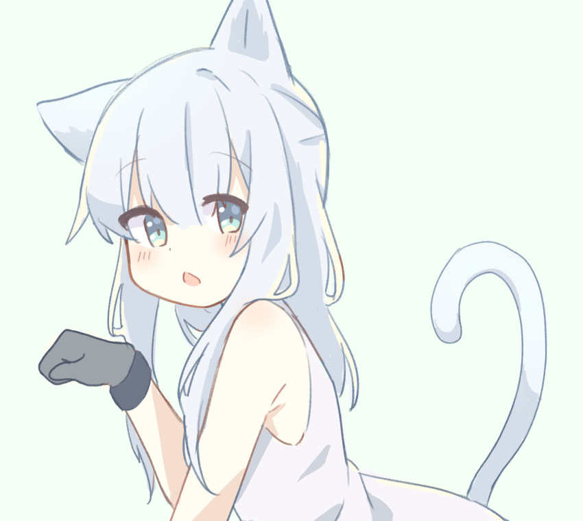 animal_ears arknights bangs bare_shoulders black_gloves blue_eyes blush cat_ears cat_girl cat_tail dress gloves grey_hair hair_between_eyes hand_up highres long_hair looking_at_viewer looking_to_the_side open_mouth paw_pose rosmontis_(arknights) ryoku_sui sleeveless sleeveless_dress tail tail_raised white_dress