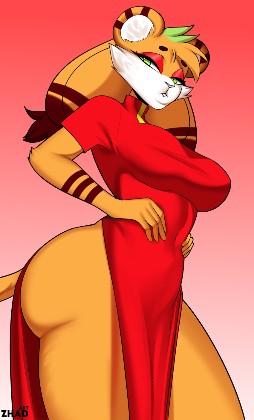 absurd_res anthro asian_clothing belly breasts butt chinese_clothing chinese_dress clothed clothing curvaceous curvy_figure dress east_asian_clothing elegant elegant_dress felid feline female hi_res legwear mammal pantherine pinup pose red_clothing red_dress solo thick_thighs thigh_highs tiger voluptuous wide_hips zhadart