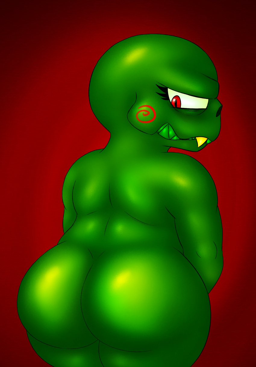 alien alternate_version_at_source anthro bald big_butt bone bubble_butt butt caliborn cherub_(homestuck) eyelashes fangs gold_(metal) gold_tooth green_body green_skin green_teeth hi_res homestuck humanoid long_eyelashes male ms_paint_adventures nood1e presenting presenting_hindquarters red_eyes shaded skeletal skull skull_head slightly_chubby solo solo_focus teenager thick_thighs webcomic wide_hips young