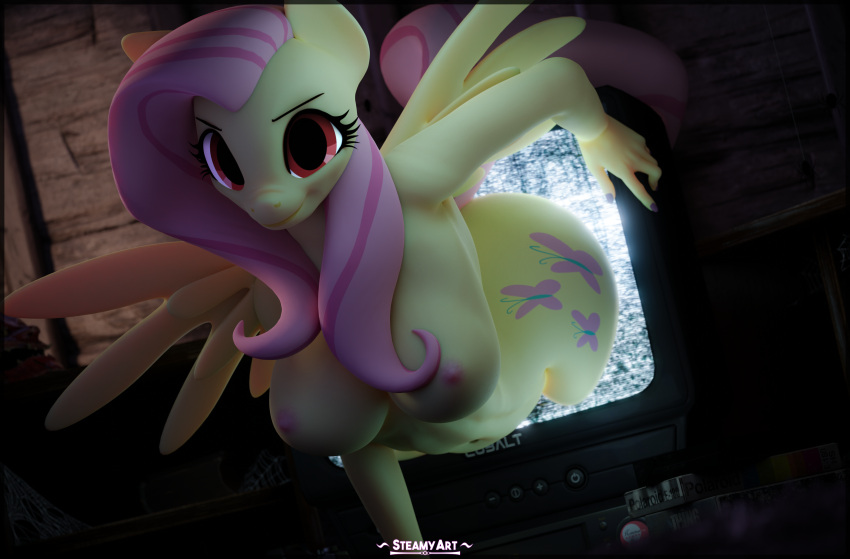 3d_(artwork) absurd_res anthro anthrofied areola breasts cutie_mark digital_media_(artwork) equid equine female fluttershy_(mlp) friendship_is_magic hair hasbro hi_res looking_at_viewer mammal my_little_pony nipples pegasus pink_hair red_eyes steamyart television wings