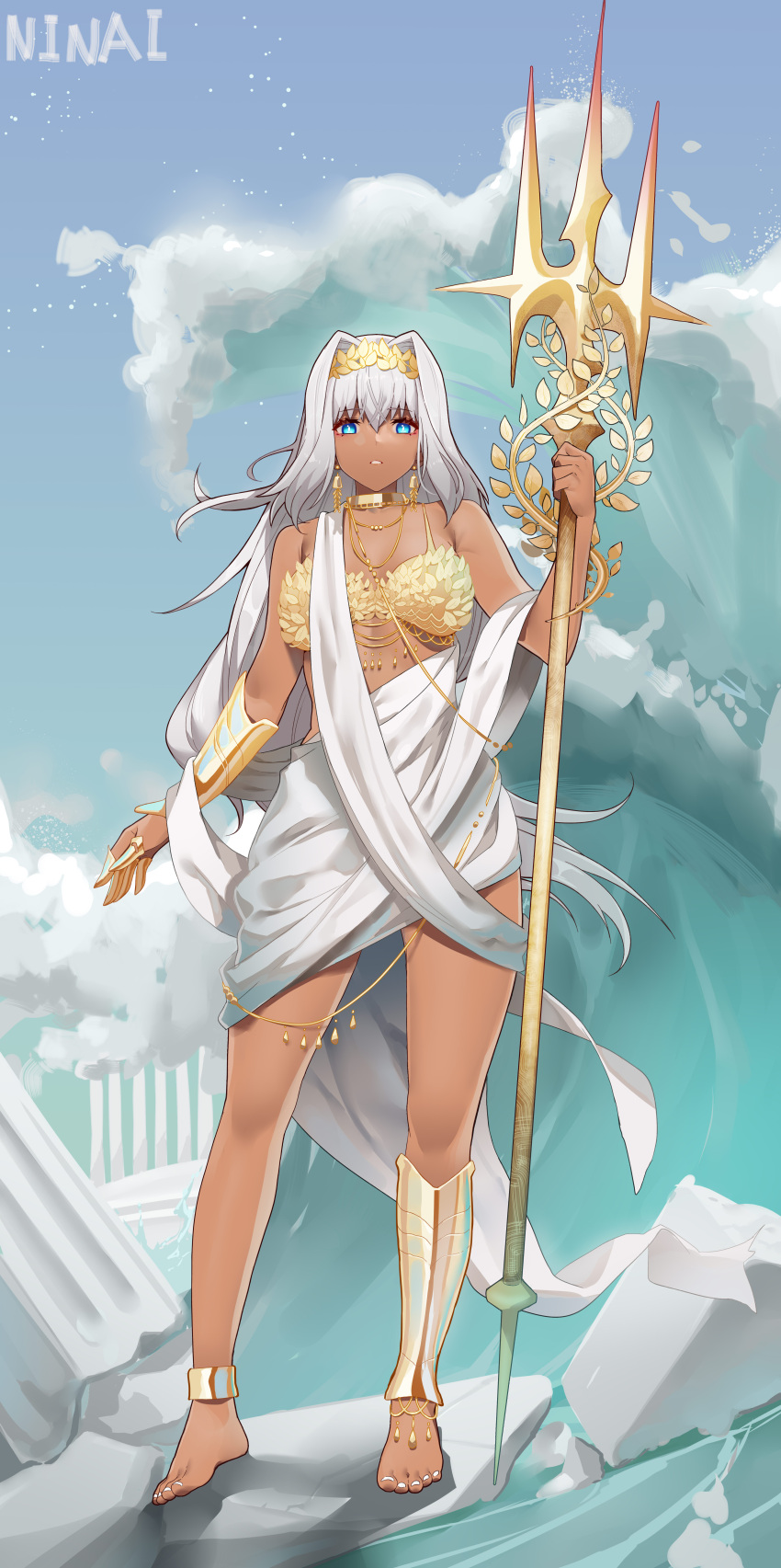 1girl absurdres armor bare_arms bare_legs bare_shoulders barefoot blue_eyes caenis_(fate) crown dark-skinned_female dark_skin dress fate/grand_order fate_(series) feet hair_intakes harpoon highres jewelry long_dress long_hair looking_at_viewer ninai no_panties no_shoes polearm tan toenails toes trident waves weapon white_dress white_hair white_nails