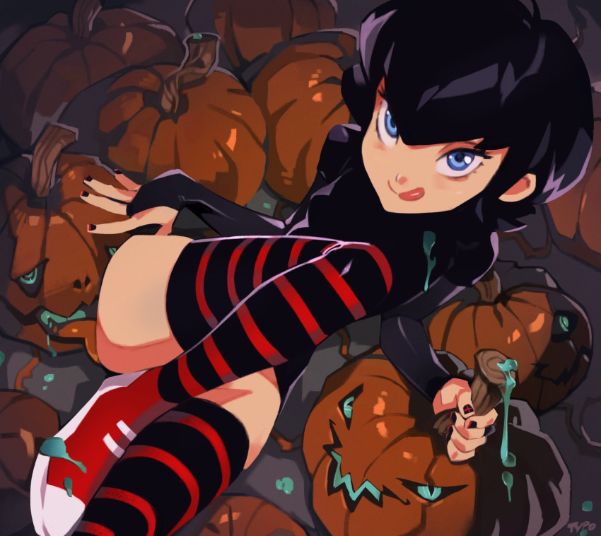 1girl black_hair black_nails bridal_gauntlets commentary elbow_gloves english_commentary gloves highres hotel_transylvania jack-o'-lantern licking looking_at_viewer mavis_dracula optionaltypo pumpkin red_footwear saliva shoes short_hair signature sneakers striped striped_thighhighs thighhighs tongue tongue_out vampire