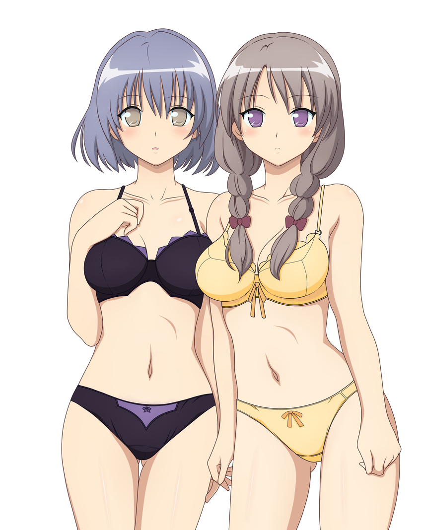 absurdres belly black_bra black_panties blush bow bow_panties bra braid breasts brown_eyes brown_hair collarbone colorized extraction highres hips lingerie mayoi_neko_overrun! medium_breasts multiple_girls navel panties purple_eyes purple_hair satou_(mayoi_neko_overrun!) suzuki_(mayoi_neko_overrun!) thigh_gap thighs transparent_background twin_braids twintails underwear underwear_only vector_trace yabuki_kentarou yellow_bra yellow_panties