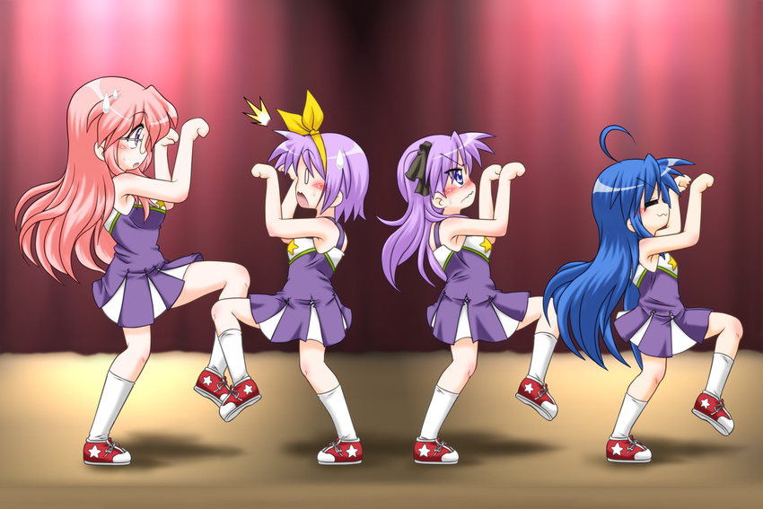 4girls :3 =_= ahoge blue_eyes blue_hair blush bow cheerleader dancing gaketsu glasses hair_bow highres hiiragi_kagami hiiragi_tsukasa izumi_konata kneehighs long_hair lucky_star multiple_girls o_o pink_hair pose purple_eyes purple_hair short_hair siblings sisters sweatdrop takara_miyuki thriller twins wavy_mouth yellow_bow you're_doing_it_wrong