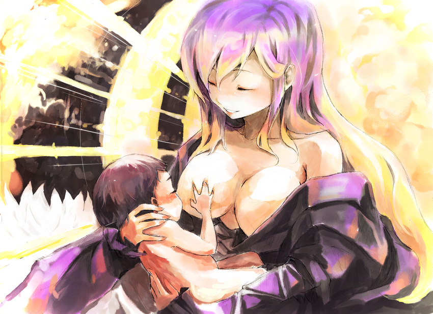 1girl ast baby bare_shoulders breast_feeding breast_slip breasts closed_eyes dress gradient_hair happy highres hijiri_byakuren large_breasts long_hair multicolored_hair one_breast_out open_clothes parted_lips smile touhou