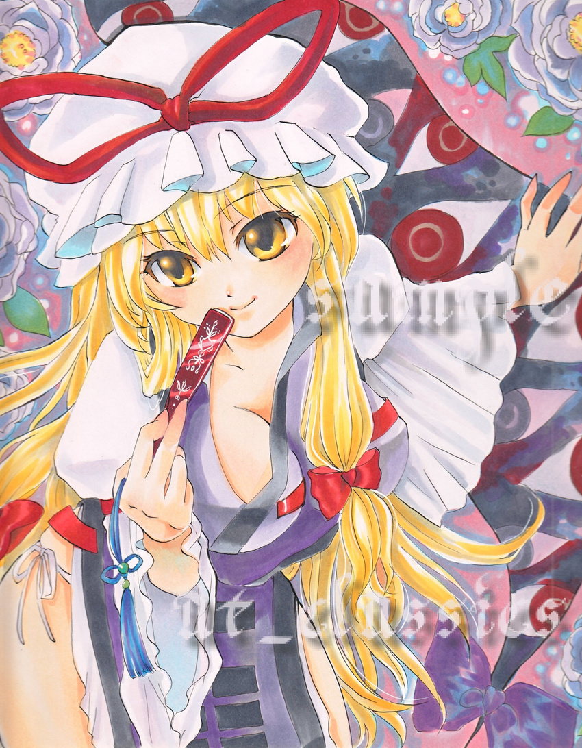 absurdres at_classics blonde_hair bow breasts closed_fan eyes fan folding_fan gap hair_bow hat hat_ribbon highres ink_(medium) large_breasts long_hair marker_(medium) nib_pen_(medium) panties red_eyes ribbon sample side-tie_panties smile solo touhou traditional_media underwear yakumo_yukari yellow_eyes