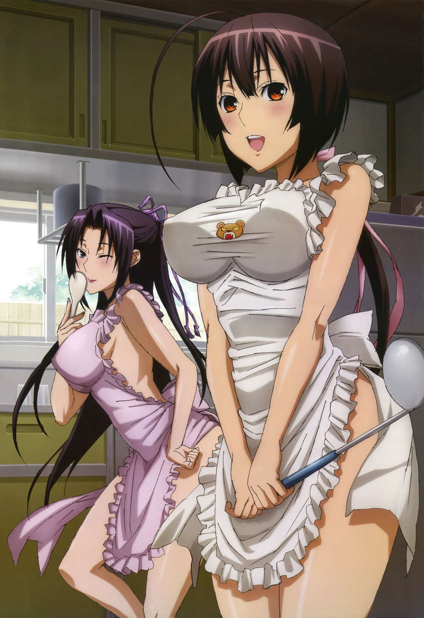 :d absurdres ahoge apron black_hair blush breasts covered_nipples hair_ribbon hand_on_hip highres impossible_clothes kazehana kitchen ladle large_breasts leaning_forward lipstick long_hair makeup multiple_girls musubi naked_apron naughty_face non-web_source nyantype official_art one_eye_closed open_mouth orange_eyes ponytail purple_eyes purple_hair ribbon sekirei smile standing thighs tomooka_shinpei very_long_hair window