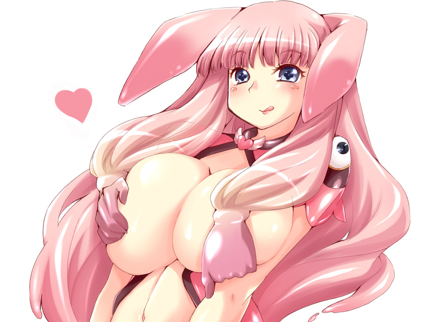 1girl :q alfred animal_ears blue_eyes blush blush_stickers breast_grab breasts bunny_ears cleavage grabbing highres large_breasts long_hair melona pink_hair prehensile_hair queen's_blade revealing_clothes solo tongue tongue_out