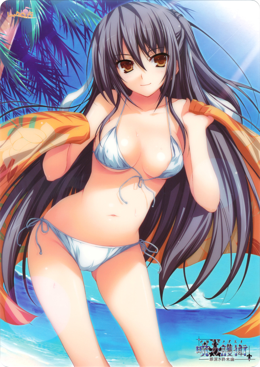 absurdres akatsuki_no_goei areola_slip areolae beach bikini black_hair breasts brown_eyes day fisheye front-tie_top highres leaning_forward lens_flare light_rays light_smile long_hair medium_breasts nanjou_kaoru navel palm_tree scan shore side-tie_bikini solo strap_gap sunbeam sunlight sweat swimsuit tomose_shunsaku tree untied very_long_hair wardrobe_malfunction