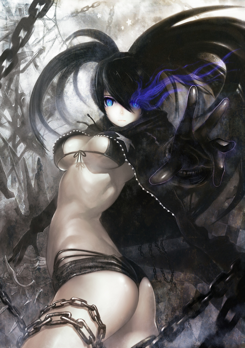 absurdres ass belt bikini_top black_hair black_rock_shooter black_rock_shooter_(character) blue_eyes boots breasts burning_eye chain coat foreshortening front-tie_top gloves glowing glowing_eyes hands highres long_hair md5_mismatch medium_breasts midriff navel older outstretched_hand pale_skin shorts solo twintails twisted_torso yoshiku_(oden-usagi)