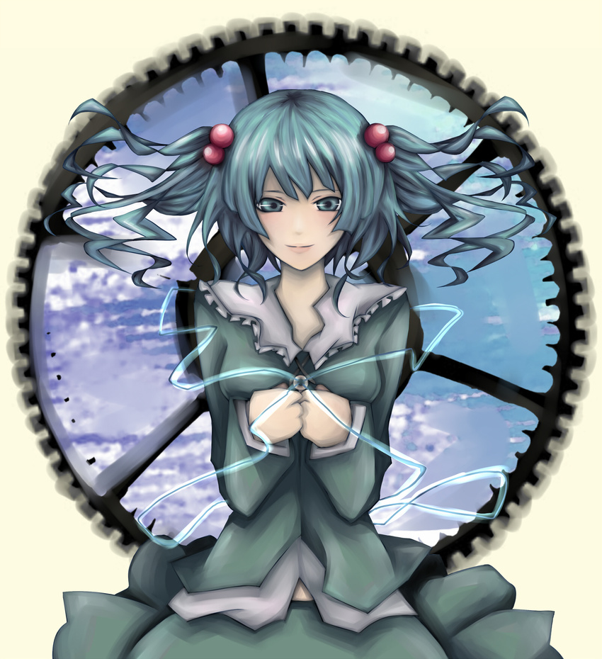 bad_id bad_pixiv_id blue_eyes blue_hair breast_lift gears hair_bobbles hair_ornament highres karasu_kura kawashiro_nitori key light_smile no_hat no_headwear short_hair solo touhou twintails two_side_up