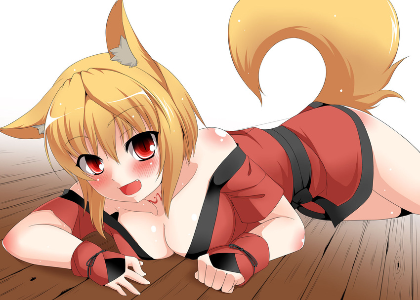 animal_ears blonde_hair breasts cleavage fox_ears fox_tail highres medium_breasts original red_eyes short_hair solo tail takayuki_hiyori