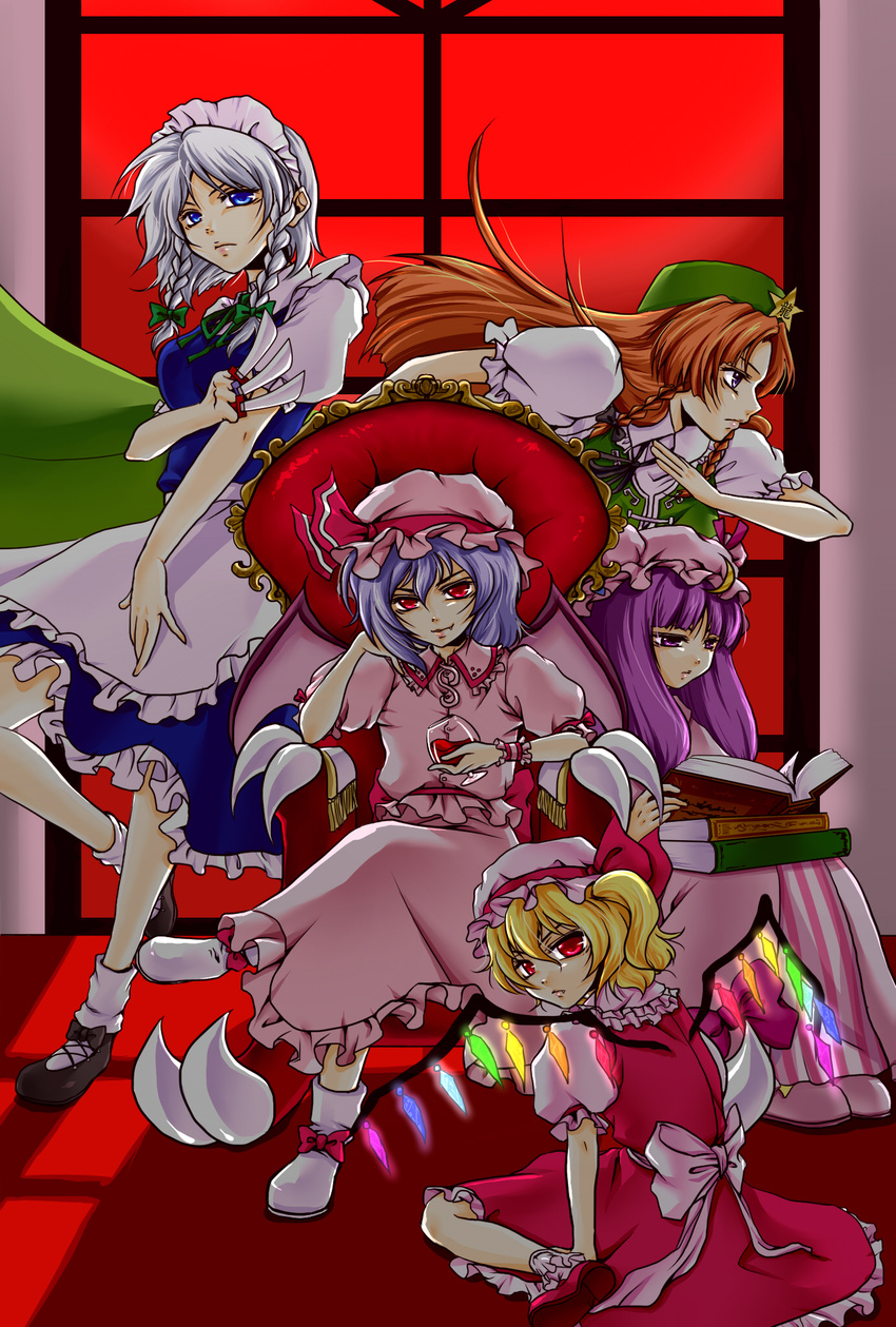 alcohol arm_support bat_wings blonde_hair blue_eyes blue_hair book bow braid chair chin_rest china_dress chinese_clothes crossed_legs dress fang fighting_stance flandre_scarlet frills glass hair_bow hat highres hong_meiling izayoi_sakuya knife leg_up long_hair looking_back maid maid_headdress multiple_girls patchouli_knowledge profile purple_eyes purple_hair reading red_eyes red_hair remilia_scarlet sakuramomijitei shoes silver_hair sitting star throne touhou twin_braids wariza weapon wine wings wrist_cuffs