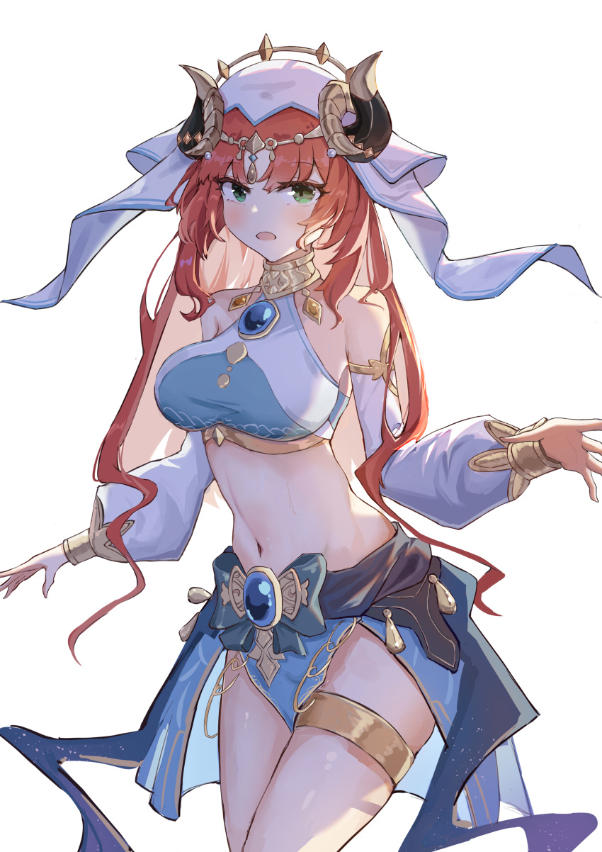 1girl absurdres bangs bare_shoulders blue_skirt breasts brooch commentary cowboy_shot crop_top detached_sleeves genshin_impact green_eyes highres horns hua_(yijing) jewelry large_breasts long_hair long_sleeves looking_at_viewer midriff navel nilou_(genshin_impact) open_mouth red_hair simple_background skirt solo standing stomach thighlet thighs veil very_long_hair white_background