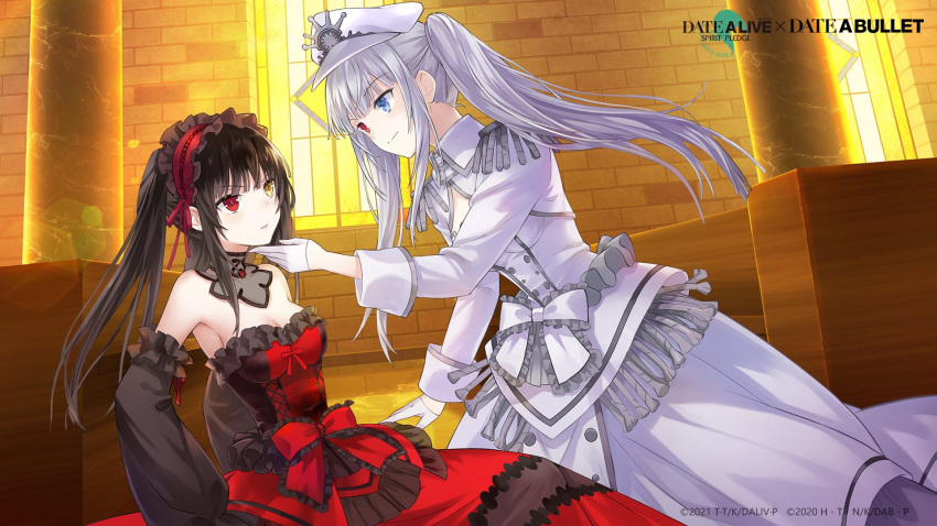 2girls black_hair blue_eyes breasts cleavage date_a_live date_a_live:_date_a_bullet date_a_live:_spirit_pledge dress english_commentary hand_on_another's_chin heterochromia highres indoors looking_at_another multiple_girls official_art on_floor red_dress red_eyes sitting tokisaki_kurumi twintails watermark white_hair white_queen_(date_a_live) yellow_eyes