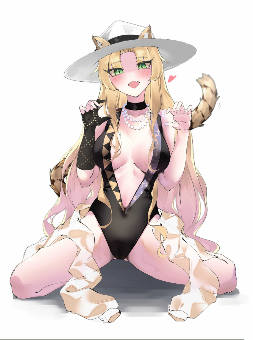 1girl absurdres animal_ears arknights black_choker black_one-piece_swimsuit blonde_hair blush breasts center_opening choker claw_pose ears_through_headwear fang fingerless_gloves gloves green_eyes hat heart highres jewelry kneeling large_breasts necklace official_alternate_costume open_mouth pareorepa pearl_necklace sideboob single_glove skin_fang solo sun_hat swimsuit swire_(arknights) tail tiger_ears tiger_girl tiger_tail white_headwear