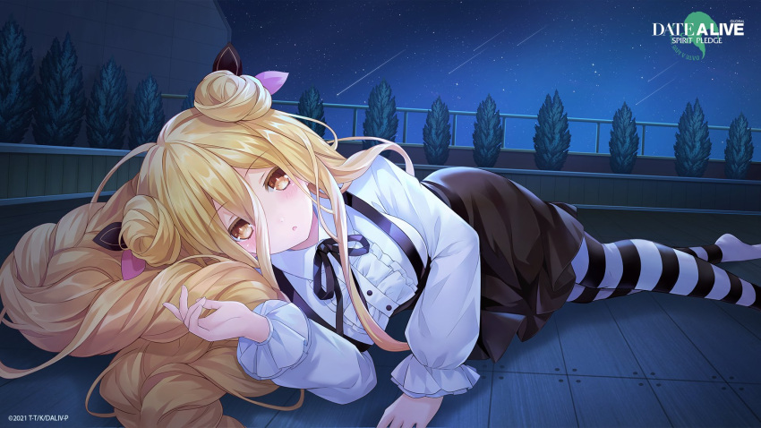 1girl absurdly_long_hair black_skirt black_thighhighs blonde_hair date_a_live date_a_live:_spirit_pledge english_commentary highres hoshimiya_mukuro long_hair long_sleeves looking_at_viewer lying night official_art on_floor on_side outdoors shirt skirt sky solo star_(sky) starry_sky striped striped_thighhighs thighhighs very_long_hair white_shirt white_thighhighs yellow_eyes