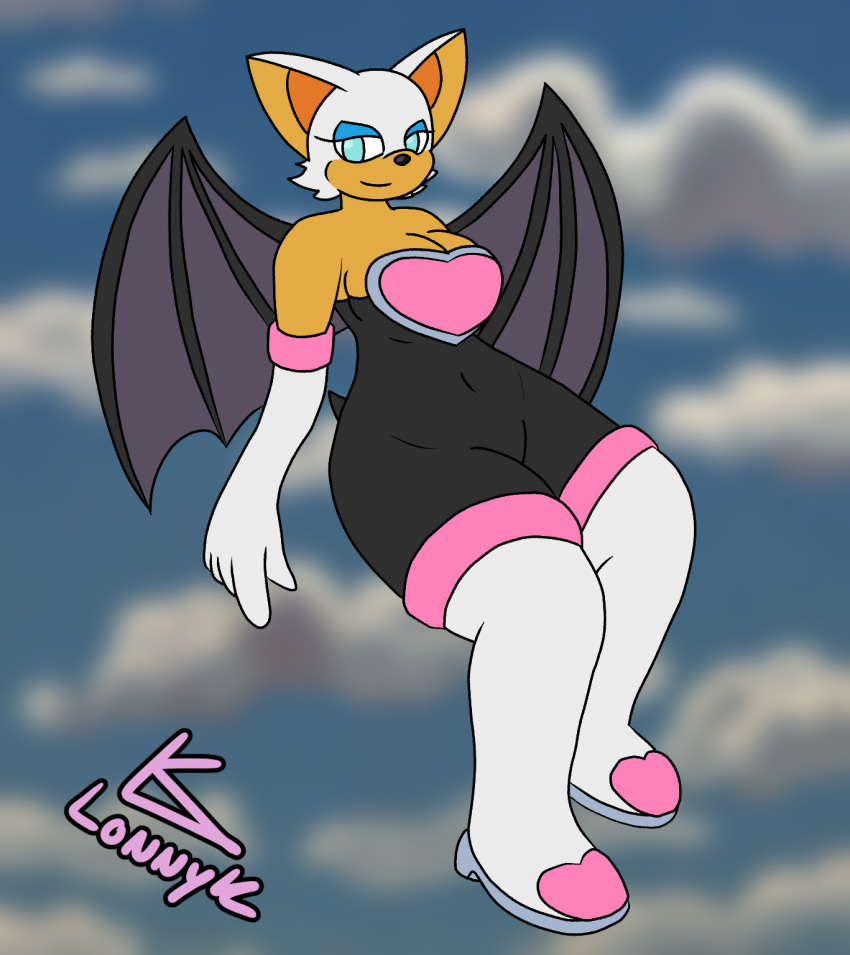 anthro big_breasts blue_eyes breasts chiropteran cleavage clothed clothing confident female flying hi_res lonnyk mammal rouge_the_bat sega solo sonic_the_hedgehog_(series) wide_hips