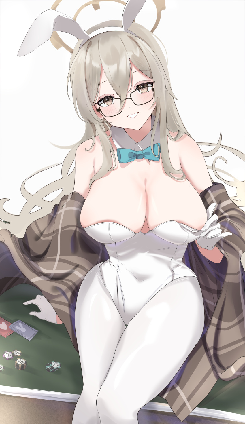 1girl absurdres akane_(blue_archive) animal_ears black-framed_eyewear blue_archive blush bow bowtie breasts casino_card_table cleavage detached_collar fake_animal_ears gloves green_bow green_bowtie grey_hair hair_between_eyes highres large_breasts leotard long_hair looking_at_viewer ooho0216 pantyhose plaid_shawl poker_chip rabbit_ears rectangular_eyewear shawl simple_background smile solo table very_long_hair white_gloves white_leotard white_pantyhose