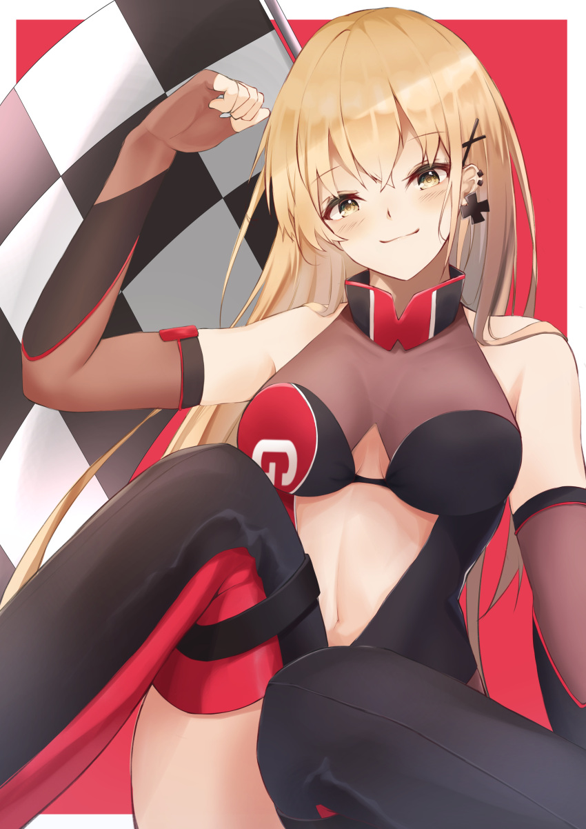 1girl absurdres aratake arm_up bangs bare_shoulders black_footwear blonde_hair blush boots border breasts brown_gloves checkered_flag cleavage closed_mouth cross cross_earrings duplicate ear_piercing earrings elbow_gloves feet_out_of_frame fingerless_gloves flag girls'_frontline gloves hair_ornament hairpin highres jewelry long_hair looking_at_viewer medium_breasts navel official_alternate_costume piercing pixel-perfect_duplicate ppk_(girls'_frontline) ppk_(mach_tempest)_(girls'_frontline) race_queen simple_background sitting smile solo thigh_boots white_border yellow_eyes