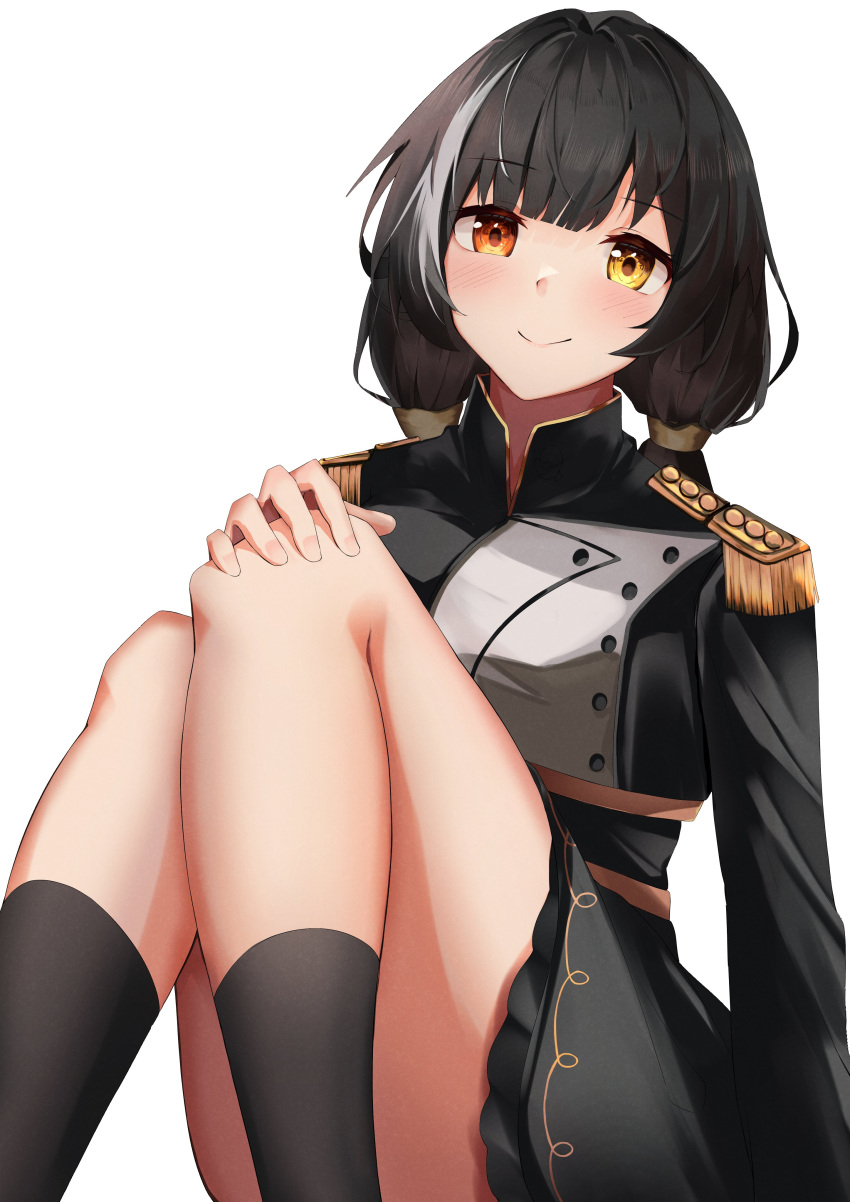 1girl absurdres aratake bangs black_hair black_socks breasts closed_mouth feet_out_of_frame girls'_frontline hand_on_own_knee heterochromia highres light_blush lips long_hair long_sleeves looking_at_viewer low_twintails marching_band medium_breasts multicolored_hair official_alternate_costume orange_eyes ro635_(girls'_frontline) ro635_(molten_moon_in_the_water)_(girls'_frontline) sitting smile socks solo streaked_hair twintails uniform white_background yellow_eyes