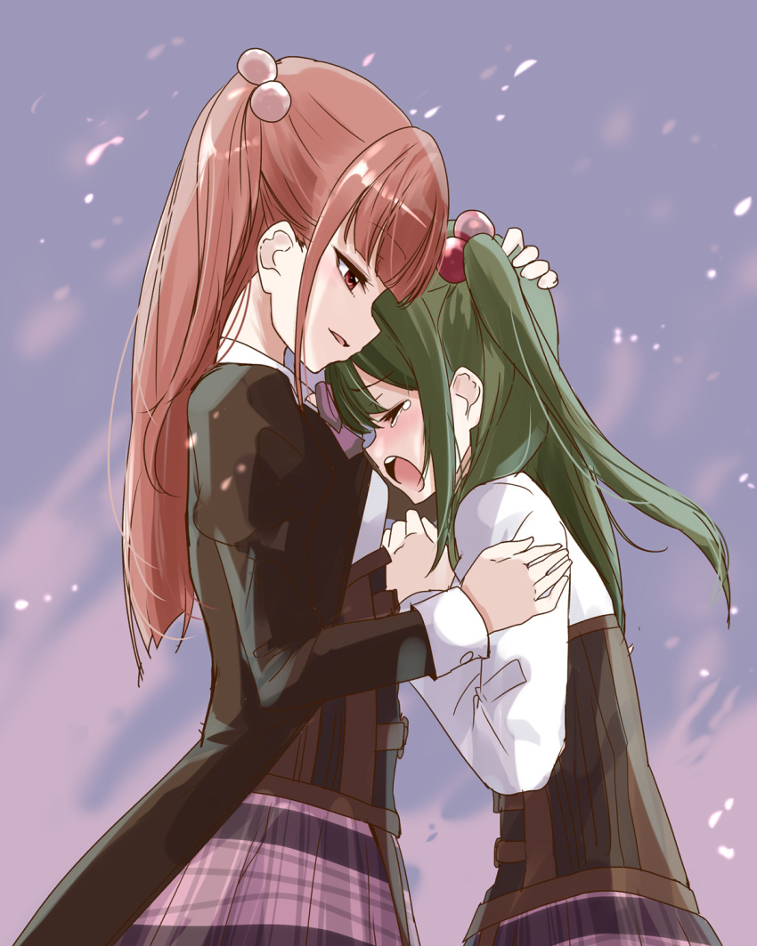 2girls arm_up arms_up assault_lily bangs black_jacket blunt_bangs bow bowtie brown_eyes brown_hair closed_eyes collared_shirt commentary_request corset crying from_side gradient gradient_background green_hair grey_background hair_bobbles hair_ornament hanaoka_angela_moe hand_on_another's_arm hand_on_another's_head hand_up heads_together height_difference highres jacket juliet_sleeves light_particles light_smile long_hair long_sleeves looking_at_another looking_down ludvico_private_girls'_academy_school_uniform multiple_girls one_side_up open_clothes open_jacket open_mouth parted_lips pink_bow pink_bowtie pink_skirt plaid plaid_skirt profile puffy_sleeves sano_matilda_kokoro school_uniform shirt skirt standing teeth underbust upper_body upper_teeth urutsu_sahari white_shirt yuri